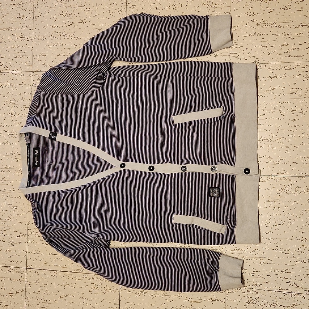 LRG Purple & Gray Button Down Stripe V-Neck Knit Cardigan Sweater Vintage Y2K